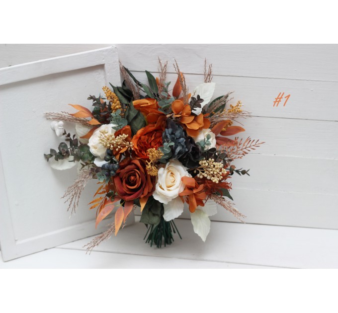 Wedding Bouquets in Burnt Orange, Ivory & Navy Blue | Cascading Bridal & Bridesmaid Faux Bouquets