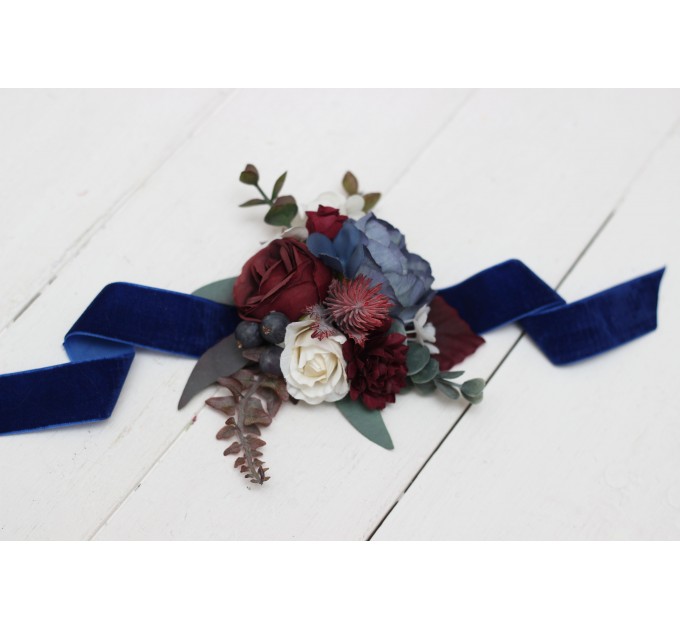 Wedding Boutonnieres & Wrist Corsage in Burgundy, Ivory & Navy Blue | Faux Flower Accessories