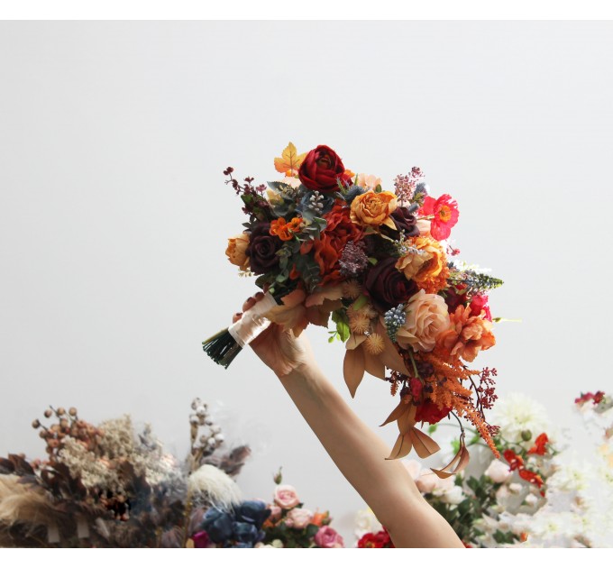 Cascading Fall Wedding Bouquet in Rust, Orange, Red & Blue | Faux Boho Bridal Flowers