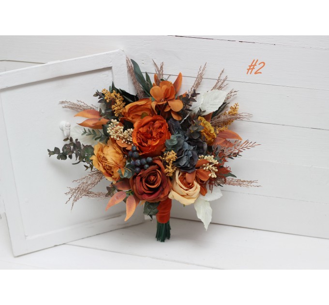 Wedding Bouquets in Burnt Orange, Ivory & Navy Blue | Cascading Bridal & Bridesmaid Faux Bouquets
