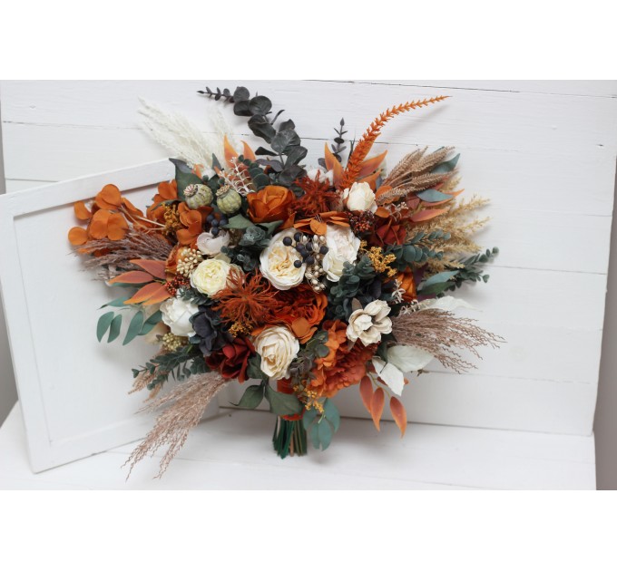 Wedding Bouquets in Burnt Orange, Ivory & Navy Blue | Cascading Bridal & Bridesmaid Faux Bouquets