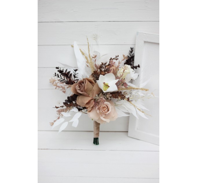 Wedding Bouquets in Beige, White & Brown | Cascading Orchid Bridal & Bridesmaid Faux Bouquets
