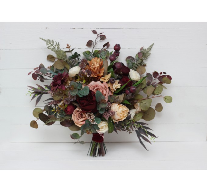 Wedding Bouquets in Burgundy, Ivory, Dusty Rose & Cinnamon | Faux Bridal & Bridesmaid Bouquets