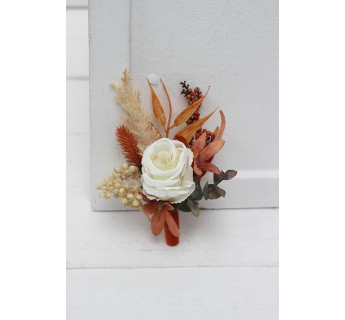 Wedding Boutonnieres & Wrist Corsage in Burnt Orange & Ivory | Faux Flower Accessories
