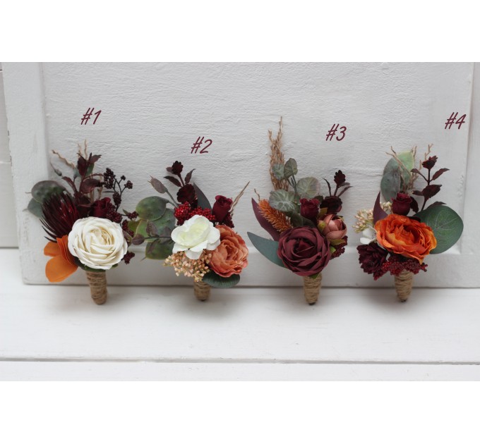 Wedding Boutonnieres & Wrist Corsage in Burgundy, Rust, Ivory & Cinnamon | Faux Flower Accessories