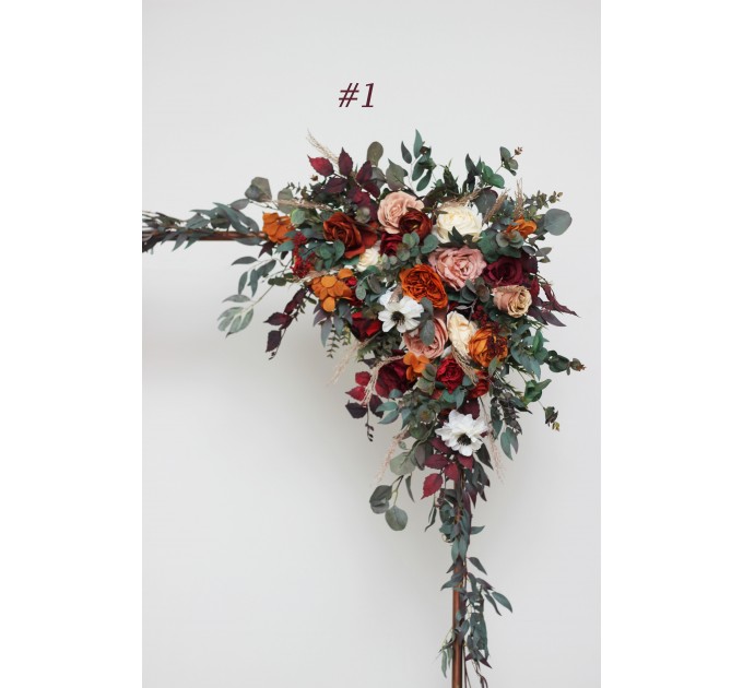 Burgundy, Rust & Ivory Wedding Arch Arrangement | Faux Fall Wedding Archway Flowers