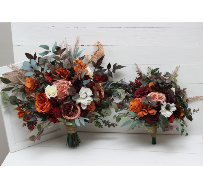 Burgundy, Rust, Ivory & Cinnamon Wedding Bouquets | Cascading Bridal & Bridesmaid Bouquets