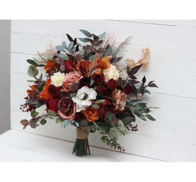 Bouquets in burgundy rust ivory cinnamon color theme. Bridal bouquet. Faux bouquet. Bridesmaid bouquet.Cascading bouquet. 0039