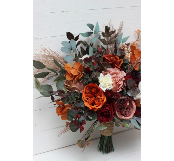 Burgundy, Rust, Ivory & Cinnamon Wedding Bouquets | Cascading Bridal & Bridesmaid Bouquets