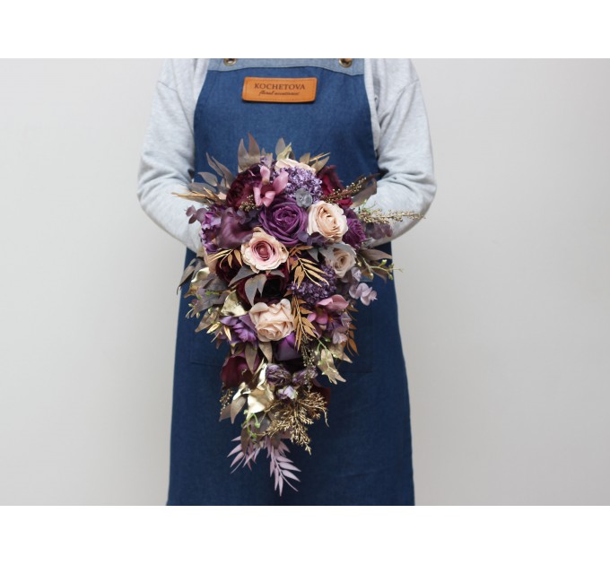 Wedding Bouquets in Purple, Gold & Beige | Cascading Bridal & Bridesmaid Faux Bouquets