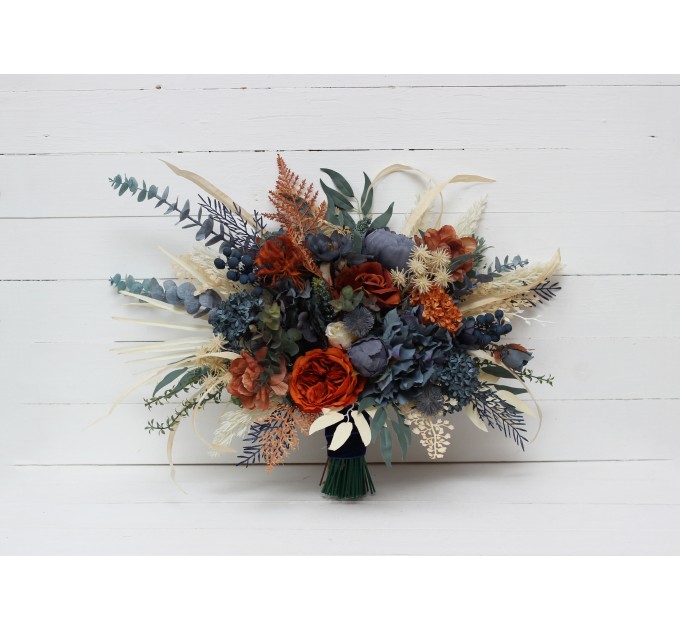 Wedding Bouquets in Rust, Blue & Ivory | Faux Bridal & Bridesmaid Bouquets