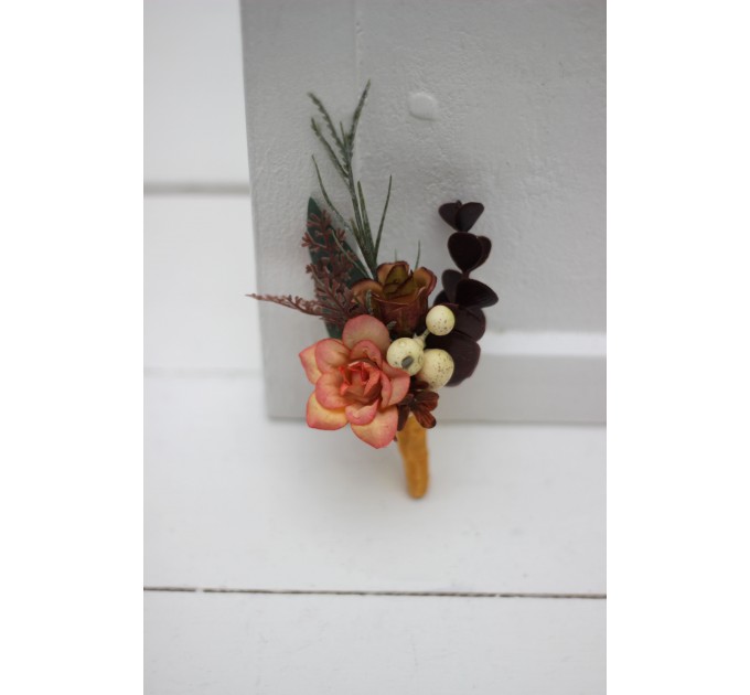 Wedding Boutonnieres & Wrist Corsage in Terracotta, Rust & Peach | Faux Flower Accessories