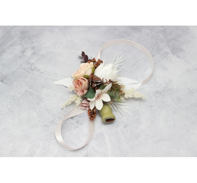 Wedding Boutonnieres & Wrist Corsage in Beige, White & Blush Pink | Faux Flower Accessories
