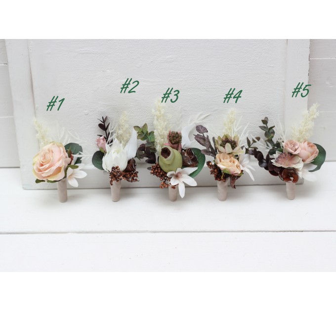 Wedding Boutonnieres & Wrist Corsage in Beige, White & Blush Pink | Faux Flower Accessories