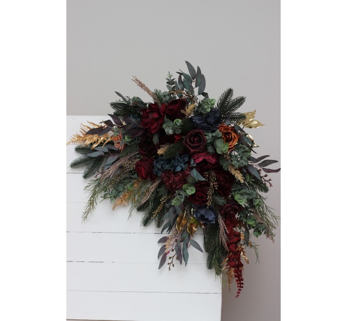 Flower Arch Arrangement in Burgundy, Navy Blue & Gold | Faux Floral Archway for Wedding