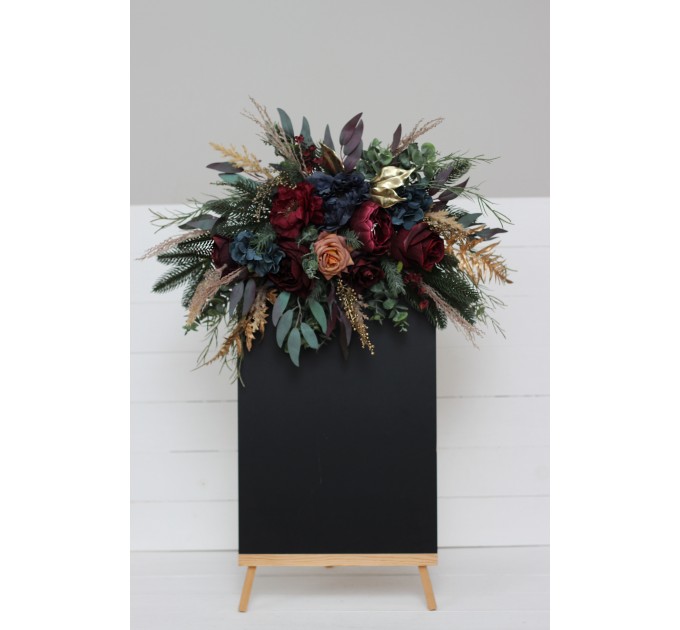 Flower Arch Arrangement in Burgundy, Navy Blue & Gold | Faux Floral Archway for Wedding
