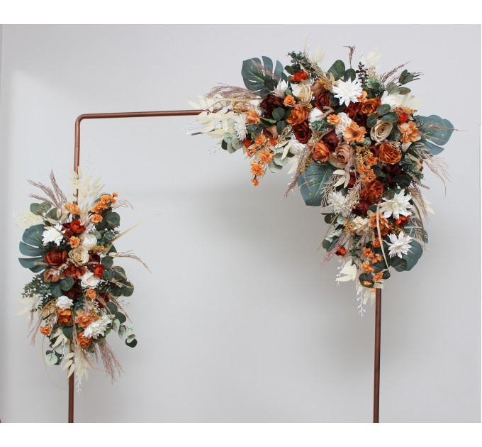  Flower arch arrangement in burnt orange ivory colors.  Arbor flowers. Floral archway. Faux flowers for wedding arch. 5109