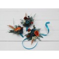 Wedding Boutonnieres & Wrist Corsage in Teal, Rust & Ivory | Faux Flower Accessories