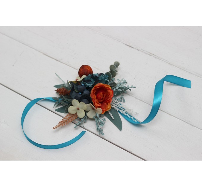Wedding Boutonnieres & Wrist Corsage in Teal, Rust & Ivory | Faux Flower Accessories
