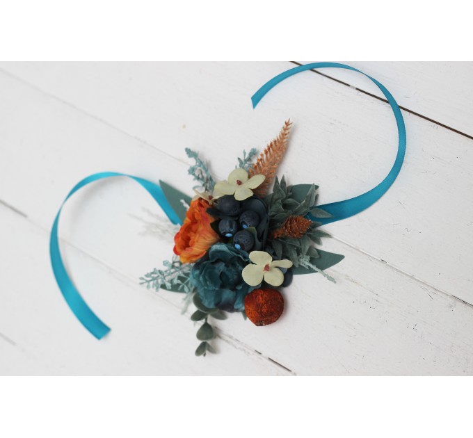 Wedding Boutonnieres & Wrist Corsage in Teal, Rust & Ivory | Faux Flower Accessories