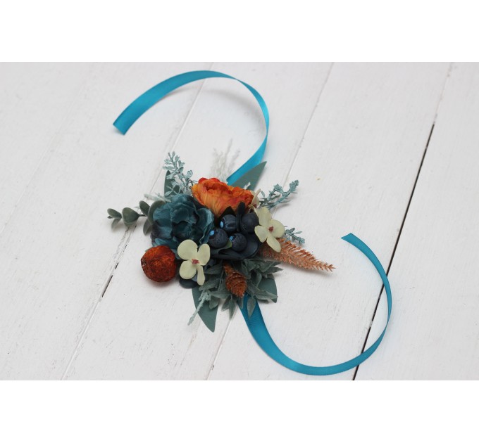 Wedding boutonnieres and wrist corsage  in teal rust ivory color theme. Flower accessories. 0034