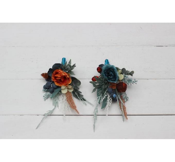 Wedding Boutonnieres & Wrist Corsage in Teal, Rust & Ivory | Faux Flower Accessories