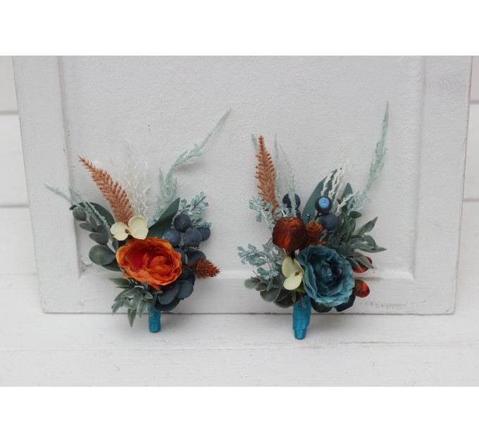 Wedding boutonnieres and wrist corsage  in teal rust ivory color theme. Flower accessories. 0034