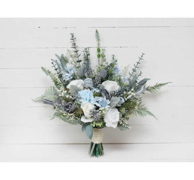 Wedding Bouquets in Dusty Blue & White | Faux Bridal & Bridesmaid Bouquets