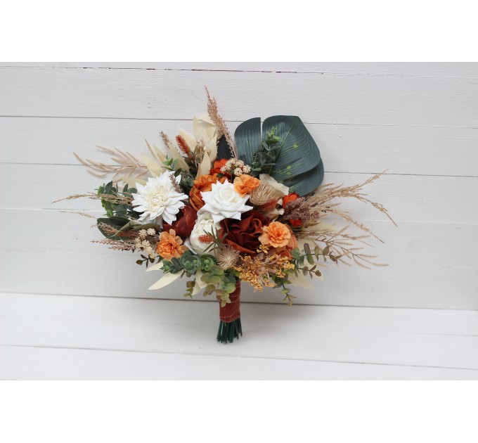 Wedding Bouquets in Burnt Orange & Ivory | Faux Bridal & Bridesmaid Bouquets