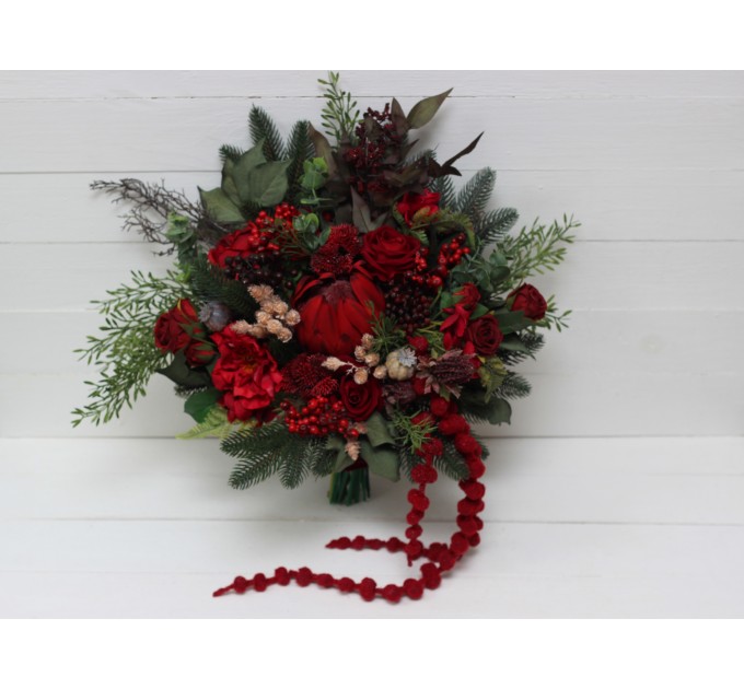Winter Pine & Red Protea Bridal Bouquet | Faux Cones & Silk Flowers in Red & Green