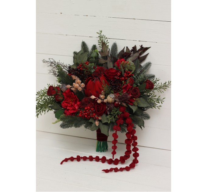 Winter Pine & Red Protea Bridal Bouquet | Faux Cones & Silk Flowers in Red & Green