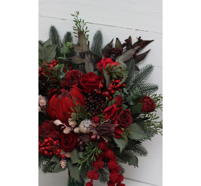 Winter Pine & Red Protea Bridal Bouquet | Faux Cones & Silk Flowers in Red & Green