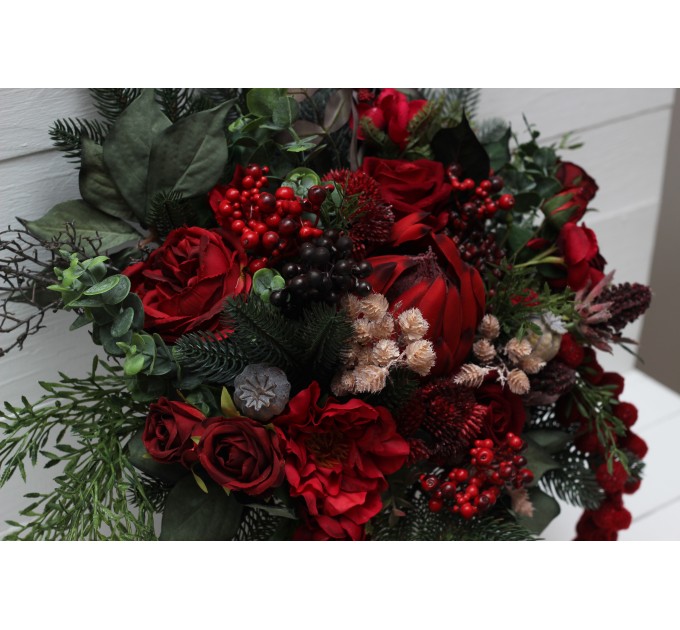 Winter Pine & Red Protea Bridal Bouquet | Faux Cones & Silk Flowers in Red & Green