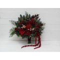 Winter Pine & Red Protea Bridal Bouquet | Faux Cones & Silk Flowers in Red & Green