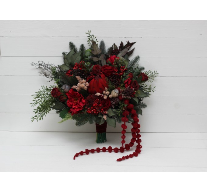 Winter Pine & Red Protea Bridal Bouquet | Faux Cones & Silk Flowers in Red & Green