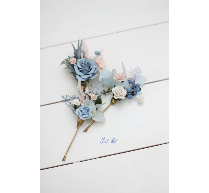  Set of bobby pins. Spring wedding. Dusty blue pink white hair accessories. Bridal flowers. Floral hair pins. Hairpiece. Bridesmaid gift. 5174