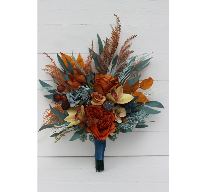 Wedding Bouquets in Dark Teal, Rust & Ivory | Cascading Bridal & Bridesmaid Faux Bouquets