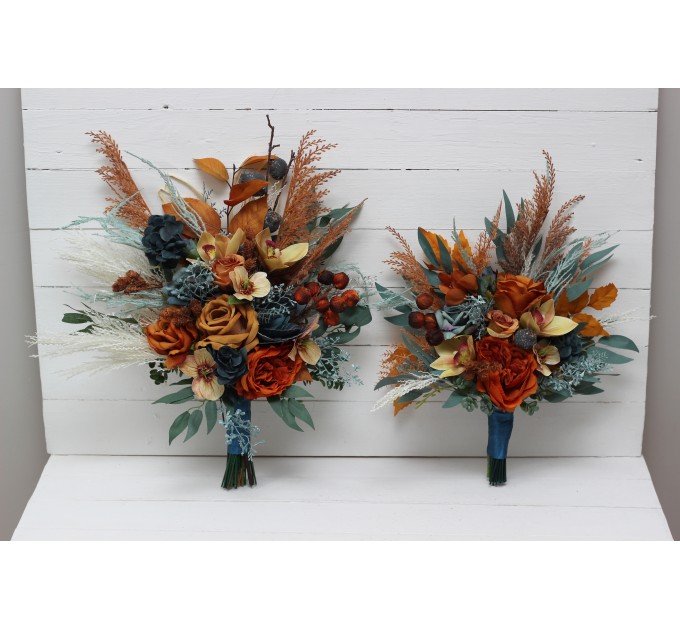 Wedding Bouquets in Dark Teal, Rust & Ivory | Cascading Bridal & Bridesmaid Faux Bouquets