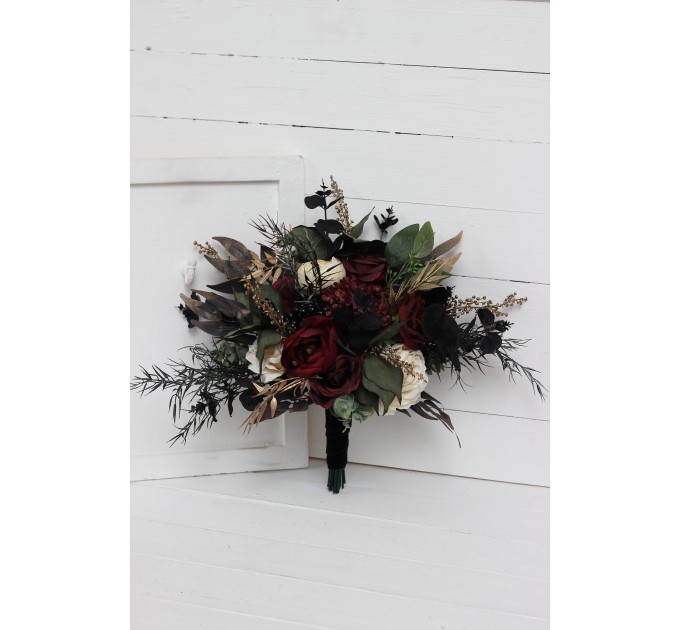 Burgundy, Black, Gold, and Ivory Wedding Bouquets – Bridal and Cascading Faux Bouquets