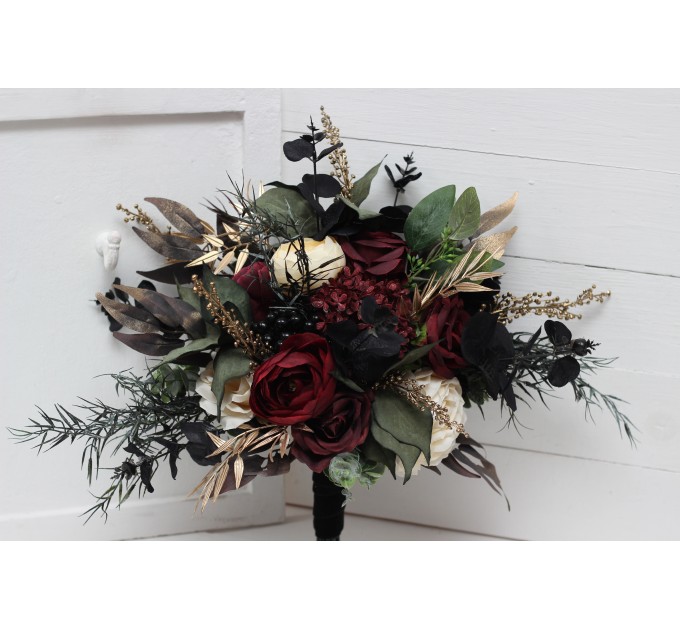 Burgundy, Black, Gold, and Ivory Wedding Bouquets – Bridal and Cascading Faux Bouquets