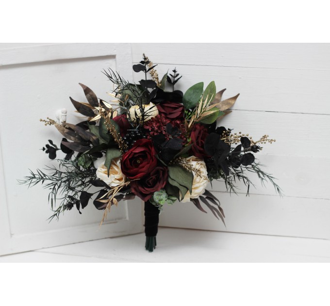 Burgundy, Black, Gold, and Ivory Wedding Bouquets – Bridal and Cascading Faux Bouquets