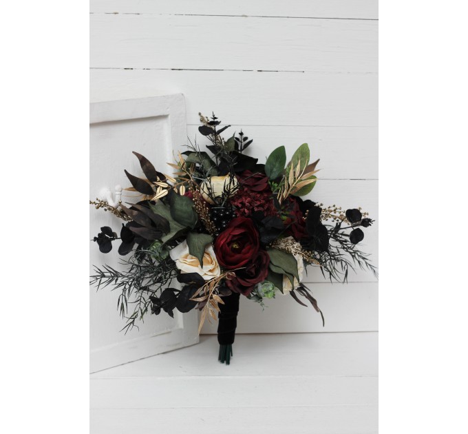 Burgundy, Black, Gold, and Ivory Wedding Bouquets – Bridal and Cascading Faux Bouquets