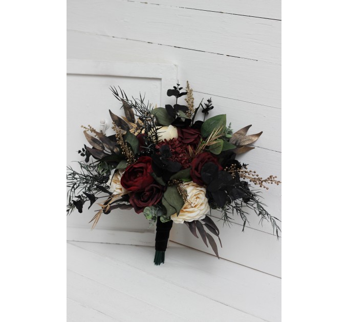 Burgundy, Black, Gold, and Ivory Wedding Bouquets – Bridal and Cascading Faux Bouquets
