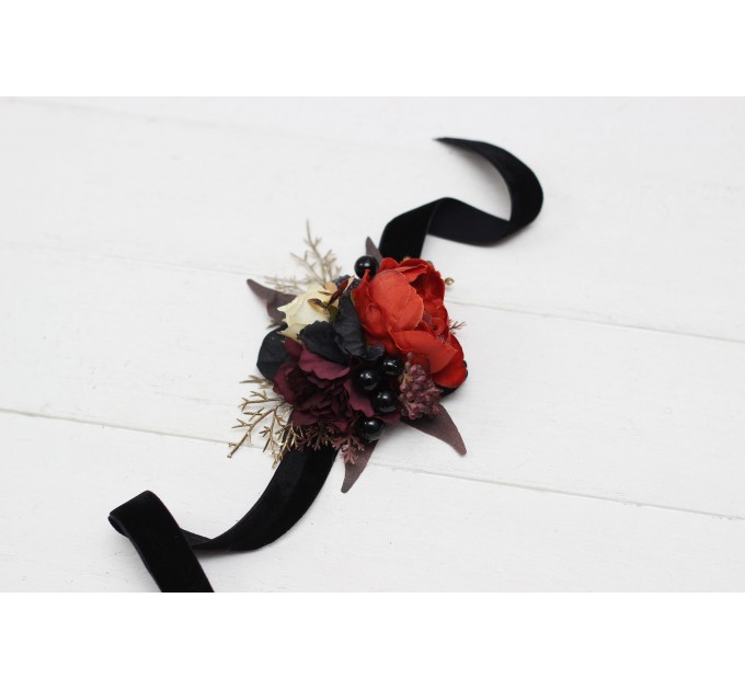 Wedding Boutonniere & Wrist Corsage in Halloween Color Scheme | Faux Flower Accessories