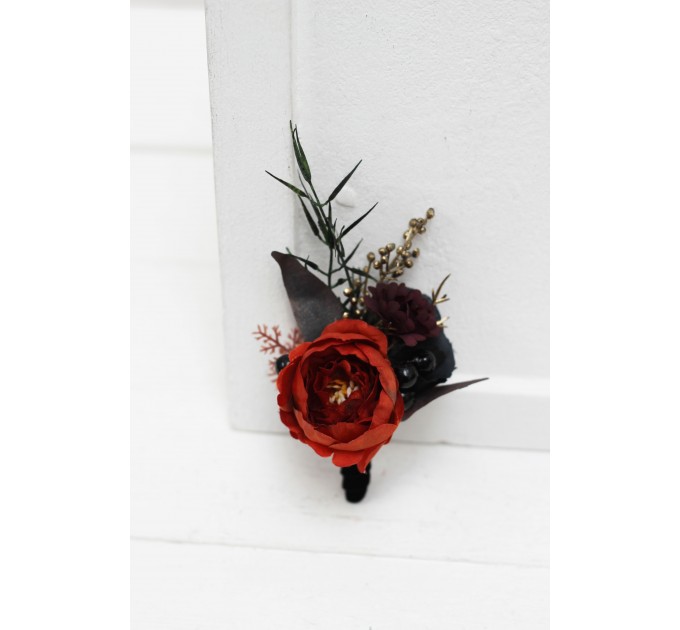 Wedding Boutonniere & Wrist Corsage in Halloween Color Scheme | Faux Flower Accessories