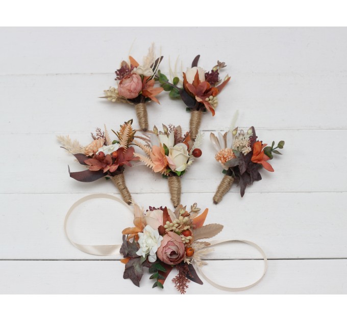 Wedding boutonnieres and wrist corsage  in terracotta ivory rust orange color theme. Flower accessories. 0029
