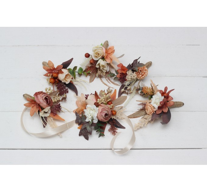 Wedding Boutonnieres & Wrist Corsage in Terracotta, Ivory, Rust & Orange | Faux Flower Accessories
