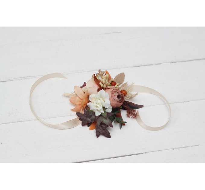 Wedding boutonnieres and wrist corsage  in terracotta ivory rust orange color theme. Flower accessories. 0029