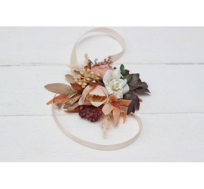 Wedding Boutonnieres & Wrist Corsage in Terracotta, Ivory, Rust & Orange | Faux Flower Accessories