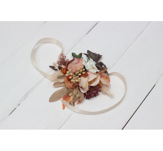 Wedding Boutonnieres & Wrist Corsage in Terracotta, Ivory, Rust & Orange | Faux Flower Accessories